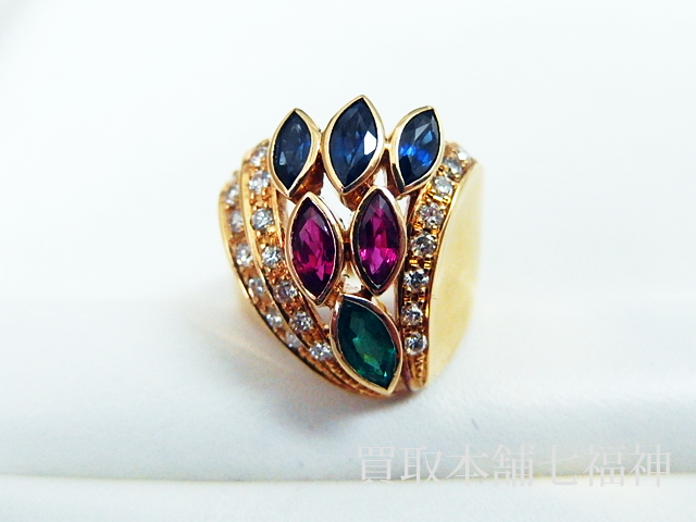 K18 マルチリング(サファイア/ルビー/エメラルド/メレダイヤ)の買取事例