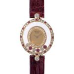Chopard ショパール ハッピーダイヤ YG/革 ベゼル二重ダイヤ オーバル