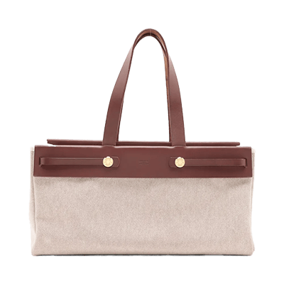 エルメス エールバッグ カバスGM トワルアッシュxレザー ベージュxブラウン ゴールド