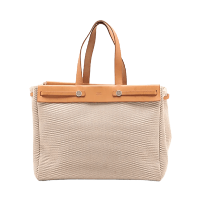 エルメス エールバッグ カバスGM トワルアッシュxレザー ベージュxブラウン シルバー