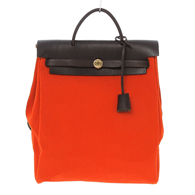 エルメス エールバッグMM オレンジ×ブラウン トワルオフィシエ×ボックスカーフ