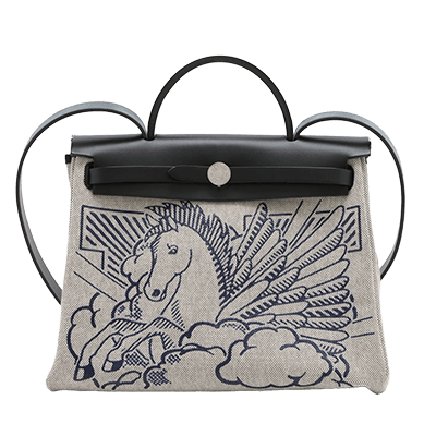 エルメス エールバッグジップMM トワルアッシュ×レザー ブラック シルバー