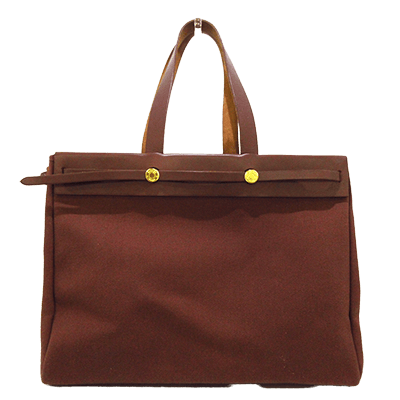 エルメス エールバッグ カバスMM ブラウン×アイボリー キャンバス×トワルアッシュ×ボックスカーフ