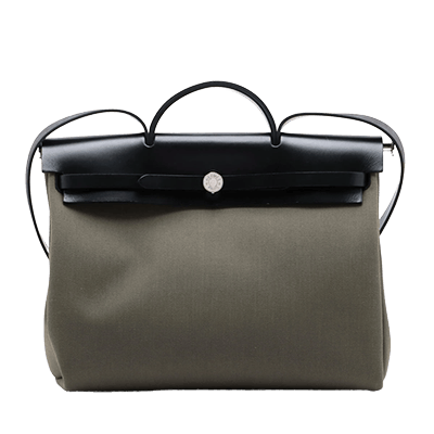 エルメス エールバッグジップMM トワルミリタリー×レザー カーキ シルバー