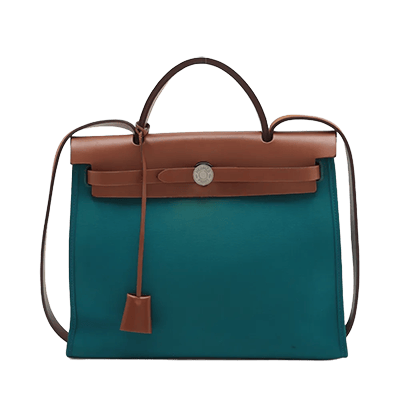 エルメス エールバッグジップPM トワルオフィシエxレザー ブルーxベージュ シルバー