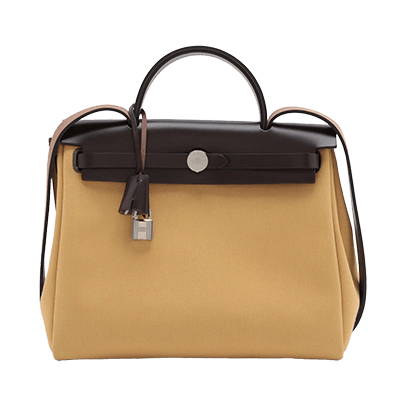 エルメス エールバッグジップPM トワルミリタリー×レザー ブラウン×イエロー シルバー