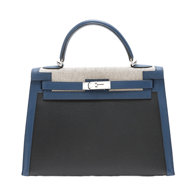 エルメス ケリー32 トワルアッシュベルリンヌ×スイフト ブルーサフィール×ブラック シルバー
