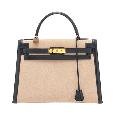 エルメス ケリー32 トワルアッシュ×ボックスカーフ ブルーインディゴ ゴールド