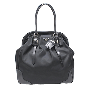 プラダ ハンドバッグ Canapa Frame Satchel Tessuto ブラック ナイロン×レザー