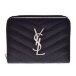 Saintlaurent サンローラン Vステッチ コンパクトジップ財布 カーフ ブラック SV金具