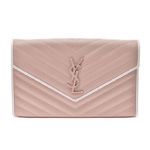 Saintlaurent サンローラン Vステッチ チェーンウォレット ピンク/ホワイト SV金具 カーフ